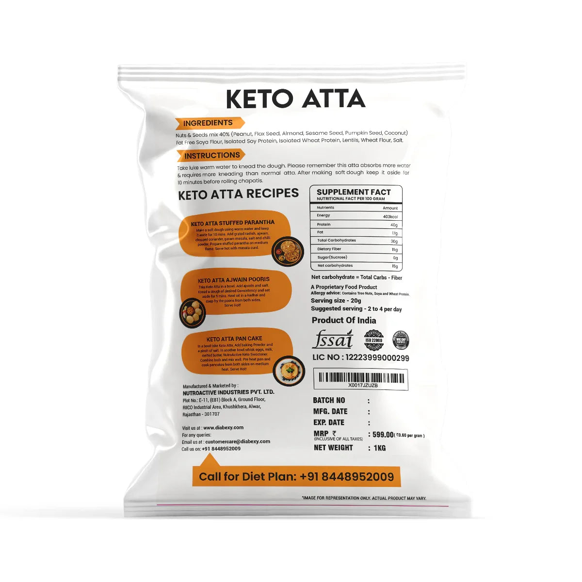 NutroActive Keto Atta 1kg with Keto Sugar 250g Combo