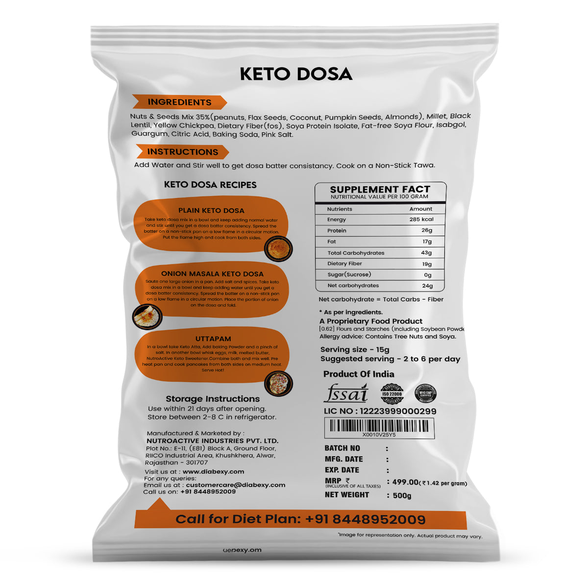 NutroActive Keto Dosa Mix, Low Carb Gluten Free - 500g