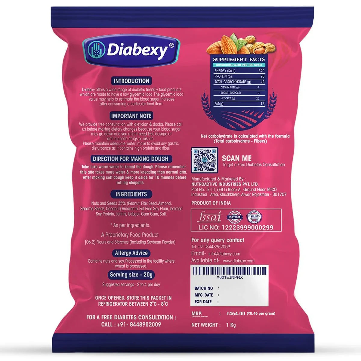 Diabexy gluten atta with nuts, seeds, low net carbs, and high protein for diabetic friendly flour, sugar control atta, and healthy Indian roti.