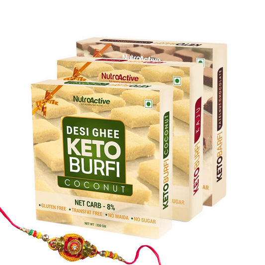 NutroActive Keto Barfi Combo Kaju, Coconut, Chocolate - 200g Each With Two Rakhis