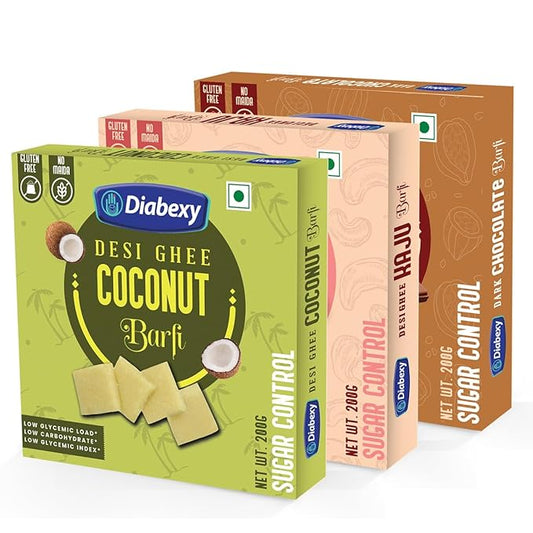 Diabexy Desi Ghee Barfi Combo (Coconut, Kaju & Dark Chocolate) 200g Each