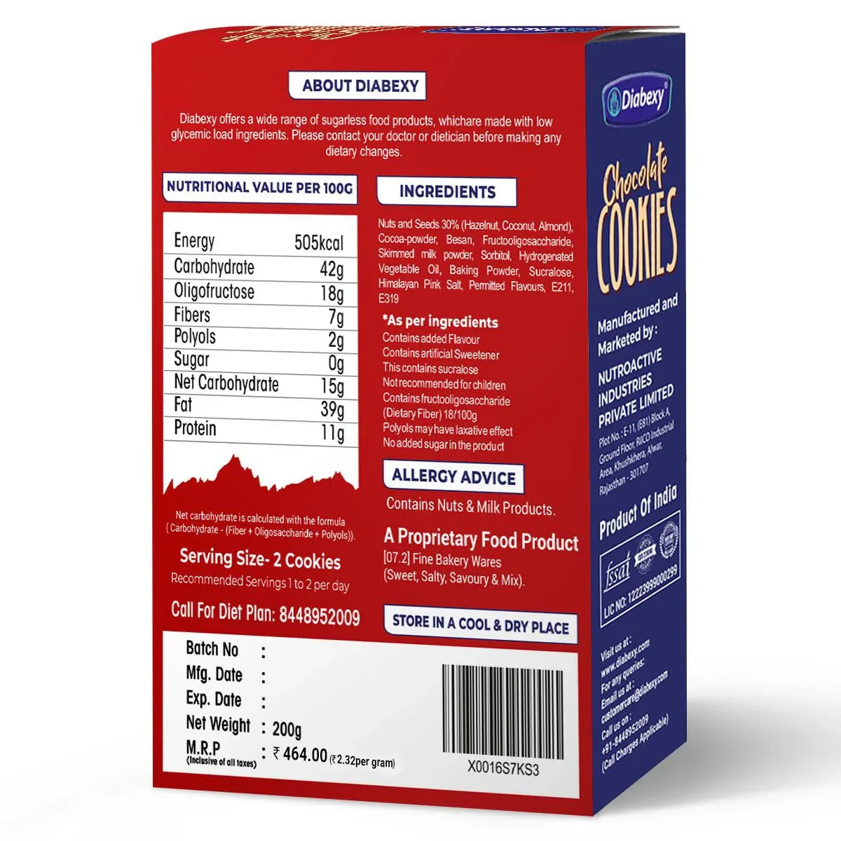 Diabexy sugarless chocolate cookies with low net carbs, zero sugar, and low glycemic ingredients for diabetic friendly snacks and healthy sugar free biscuits.