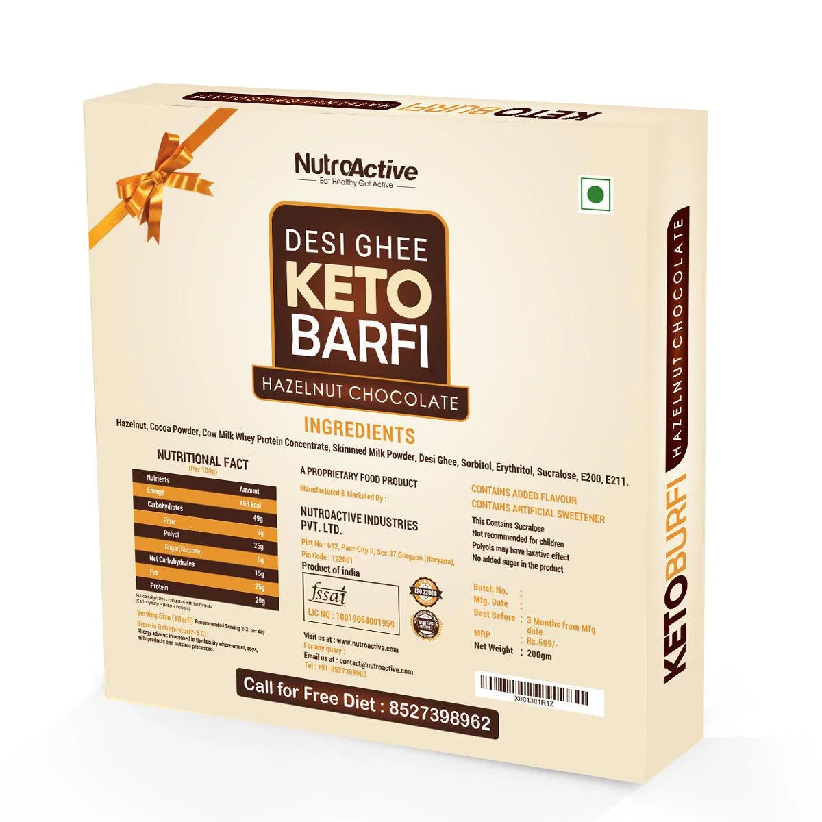 NutroActive Desi Ghee Keto Chocolate Barfi - 200 g with one Rakhi - Diabexy