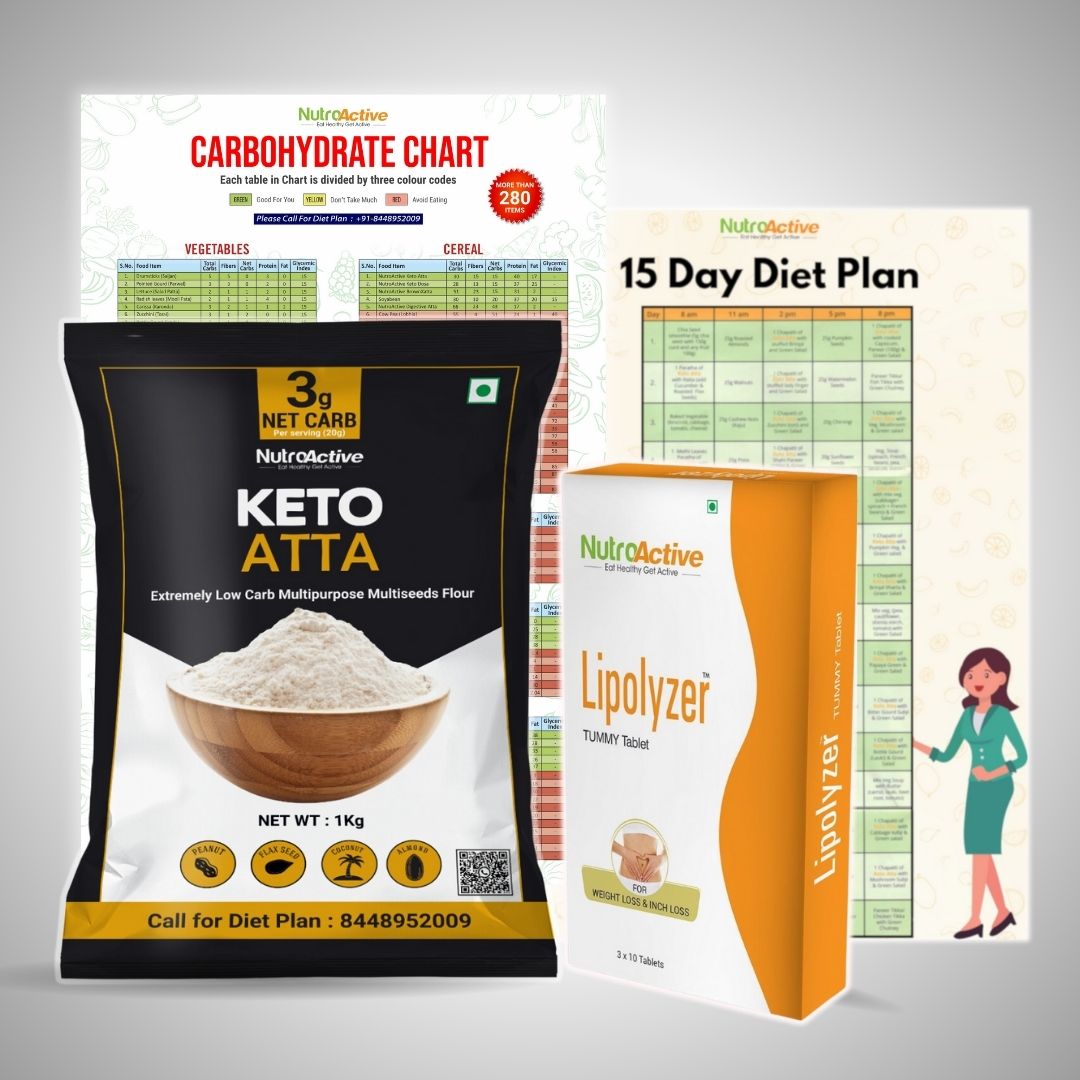 Premium Weight Loss Kit (Keto atta 1 kg, Lipolyzer Tummy tablet, Carbohydrate Chart & 15 days Diet Plan)