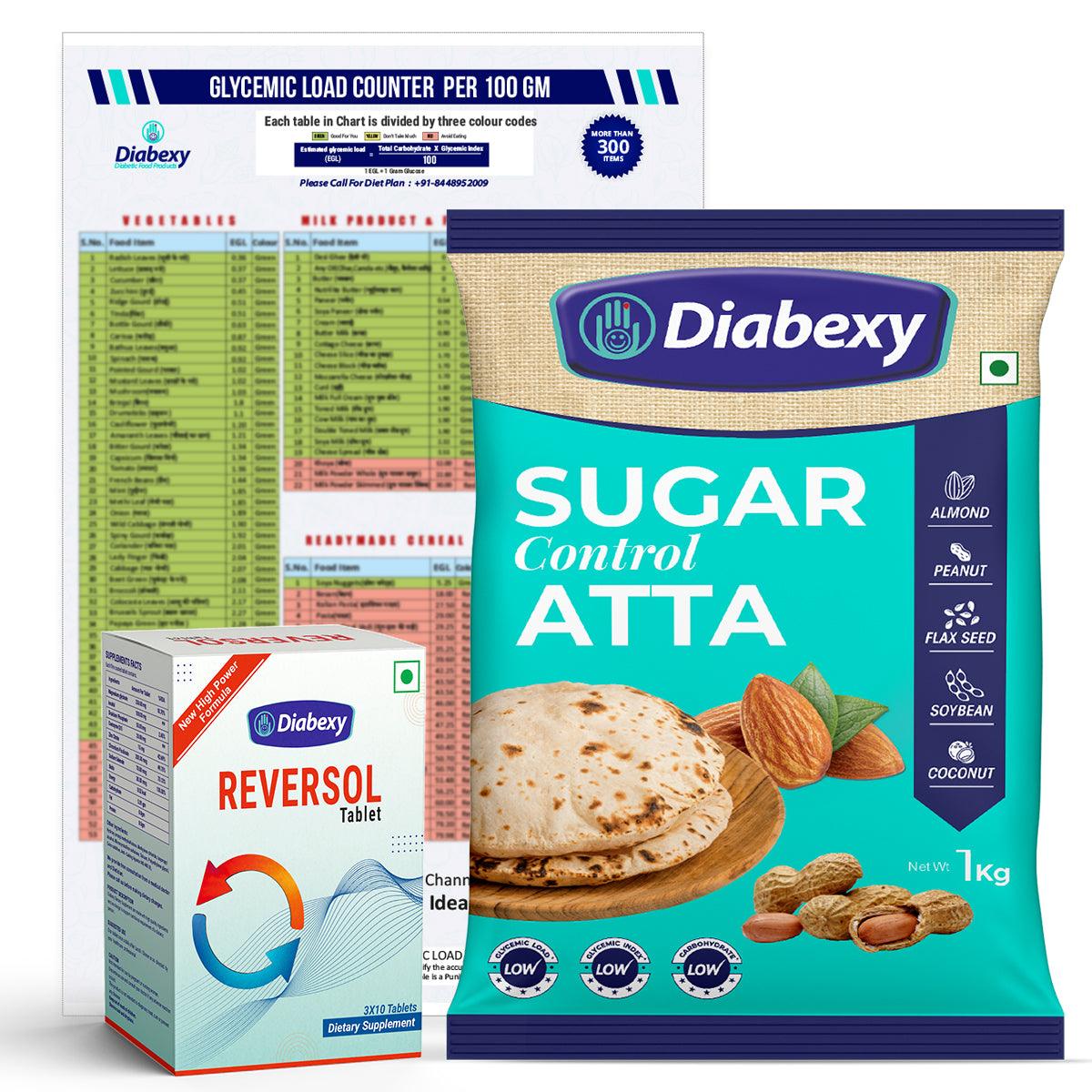 Diabexy Kit for Beginners (Diabexy Atta - 1kg, Reversol Tablet 30 Tab & GL Chart) - Diabexy