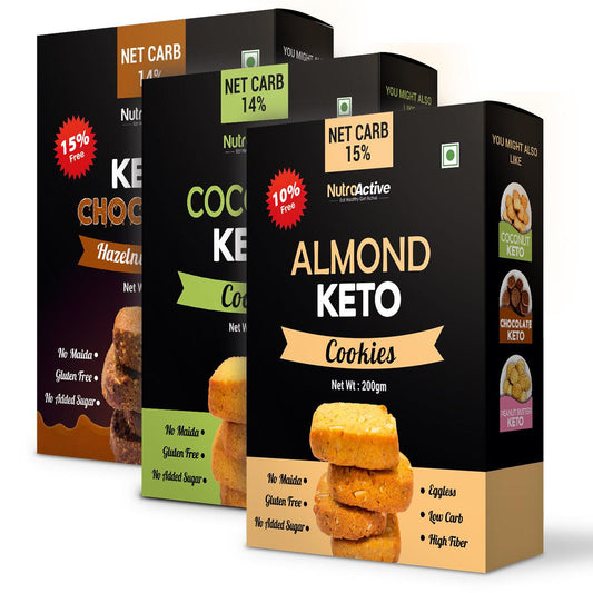NutroActive Keto Cookies Combo (Almond, Coconut & Chocolate) 200 gm Each (Pack of 3) - Diabexy